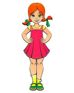 Naughty red-haired girl. Cartoon mascot.