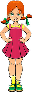 Naughty red-haired girl. Cartoon mascot.