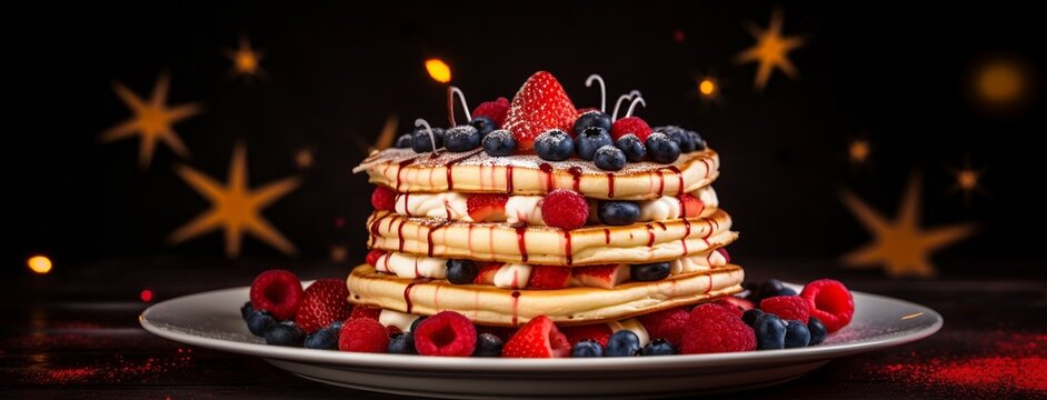 American pancake with berries decoration. Banner