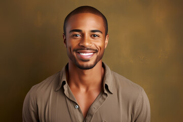 Fototapeta premium bearded African American man who is smiling and wearing a polo. The man is looking directly at the camera, and he has a friendly smile on his face.