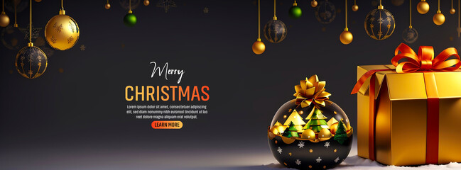 Merry Christmas and Happy New Year Realistic 3d design of objects light garlands bauble balls