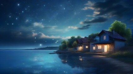 Old house on the shore of the lake at night. Digital painting. - obrazy, fototapety, plakaty