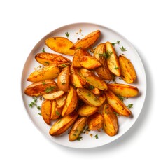 Plate of potato wedges on white background, top view. - obrazy, fototapety, plakaty