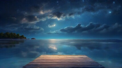 Wooden pier in the sea at night with starry sky.