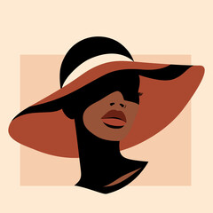 Portret kobiety w eleganckim kapeluszu z szerokim rondem w minimalistycznym stylu. Młoda piękna dziewczyna. Ilustracja wektorowa High Fashion. - obrazy, fototapety, plakaty
