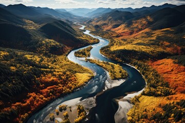 Amidst the vibrant colors of autumn, a braided river flows through a majestic valley surrounded by towering mountains, showcasing the beauty and power of nature's water resources - obrazy, fototapety, plakaty