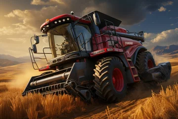 Deurstickers A vibrant red tractor stands tall in a vast green field, its tires firmly gripping the grassy terrain as it works tirelessly under the open sky, a symbol of hard work and the beauty of the agricultur © familymedia