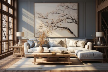 A cozy living room with modern furniture, including a stylish studio couch and loveseat, centered around a large painting on the wall, creating a warm and inviting atmosphere