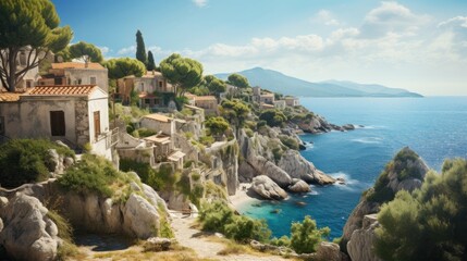 Naklejka na ściany i meble Explore cliffside villages and olive groves along the scenic Greek coast.
