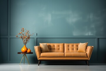 A cozy studio couch sits against a wall in a room filled with stylish furniture, including a loveseat, floor vase, and sleek sofa bed