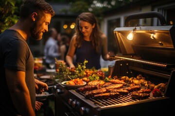 Outdoor barbecue in the backyard with people enjoying the food
