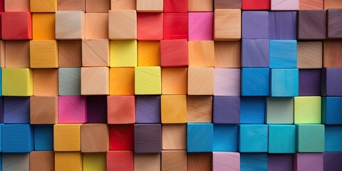 Mosaic of colorful wood blocks in rainbow pattern. Tiles stacked in abstract wallpaper background. 
