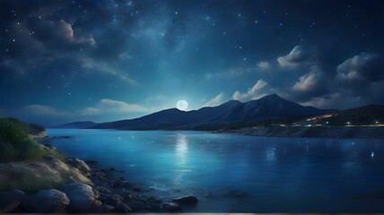 Beautiful night landscape with mountains and sea. Elements of this image furnished - obrazy, fototapety, plakaty