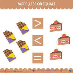 Vector education game for children more less or equal count the amount of cute cartoon sweet