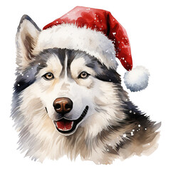 Siberian Husky with a santa hat on its head