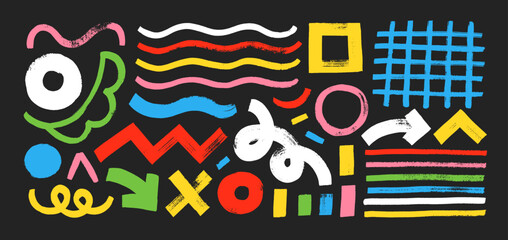 Colorful creative collage shapes and bold brush lines collection. Random drawing, geometric art.