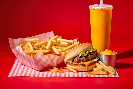 top view of grilled bief hot dog with fries on table 