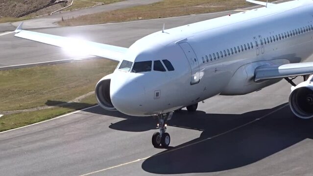 White Generic Unmarked Aircraft Airplane jet passenger Close Up Taxiing at Airport departing departure