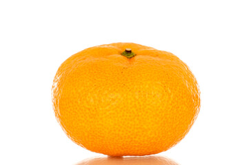 One juicy fresh tangerine, macro, isolated on white background.