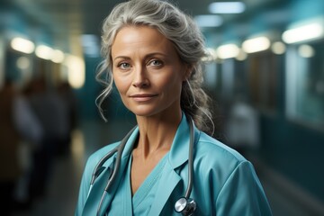 A smiling woman with striking grey hair and blue scrubs stands confidently on a bustling street, her expressive eyebrows framing her portrait-like face, embodying a perfect balance of human warmth an