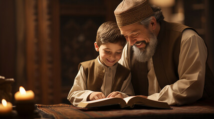 A father teaching his child to recite Quran.