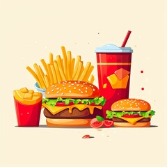 flat illustration of fast food meals on isolated background