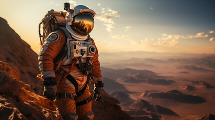 An astronaut in outer space, against the background of the planet Mars. Spacewalk.