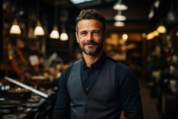 A jovial man with a rugged beard and warm smile stands confidently indoors, his vest a perfect complement to his sharp human features and stylish attire - obrazy, fototapety, plakaty