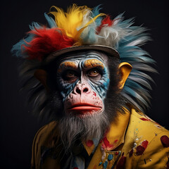 A playful monkey with vibrant clown makeup, depicted in a whimsical painting style, adds a touch of humor and creativity.






