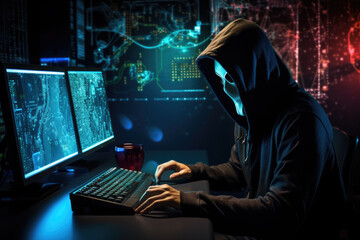 A hacker wearing anonymous mask and hacking pc. Ai generated