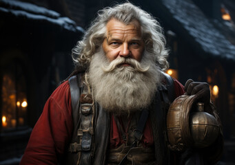 Obraz premium Santa clause standing in a village holding presents. A man with a long white beard and a red shirt