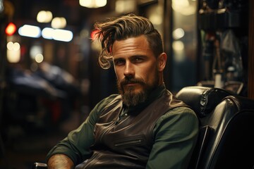 A handsome man with a modern haircut is sitting in a barber shop - obrazy, fototapety, plakaty