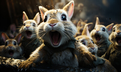 The rabbits are all crying and laughing. A group of rabbits with their mouths open