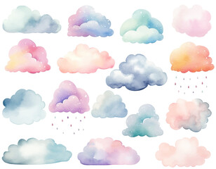 Obraz premium Set of watercolor vector clouds. Isolated on white. Fantasy pastel color. Delicate, nursery decoration.