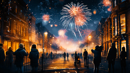 Firework explosion in the night sky celebrating happy new year 2024 . National firework shooting in the beautiful sky for a new year day of year 2024 .