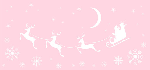 Christmas and new year reindeer with santa claus on a sleign. Moon, snowflakes and stars background. Vector illustration.