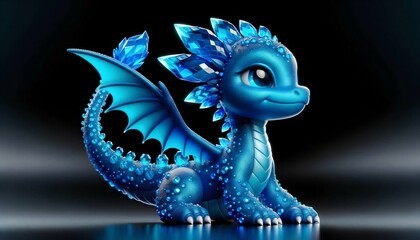 Cute blue baby dragon. Cartoon character magic dragon. Funny Fantasy monster with wings and big eyes. Fairy-tale hero. Children book. Illustration of tales. Toy design. Print. Copy space. on black