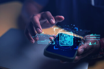Ai tech, businessman show virtual graphic Global Internet connect Chatgpt Chat with AI, Artificial...