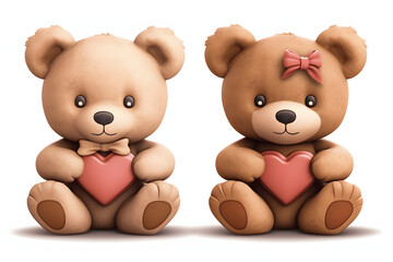 Cute two teddy bears holding a heart, on white background. PNG file with transparent background. generated