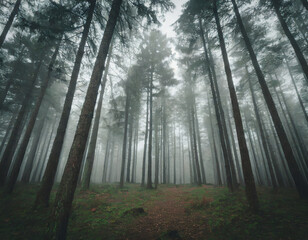 The forest is shrouded in a thick blanket of fog, creating an ethereal and mysterious atmosphere.