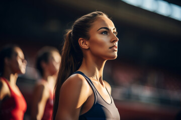 A female athlete is focused and concentrating on the race ahead