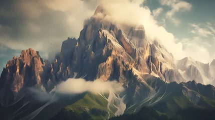 Poster tall mountains with clouds , in the style of golden light, italian landscapes, atmospheric woodland imagery © Alin