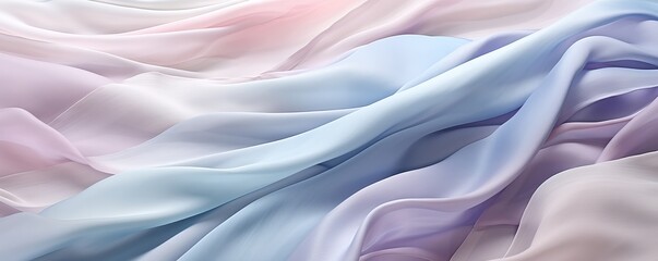 A background of crumpled delicate transparent fabric in warm pastel-colored blue, orange, and...