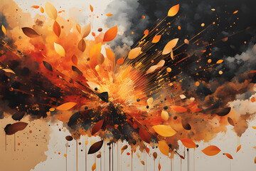 Artistic paint splatters of autumn leaves featuring bomb explosion and smoke  - obrazy, fototapety, plakaty