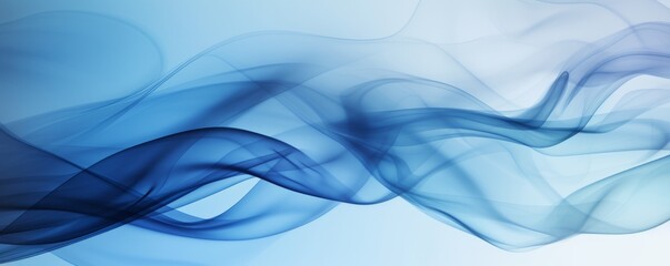 Whisps of blue smoke elegantly swirl against a pure white background photographed in slow motion—the harm of smoking. Dark ink spilled in the water. Presentation. Ultra-wide panoramic banner - obrazy, fototapety, plakaty