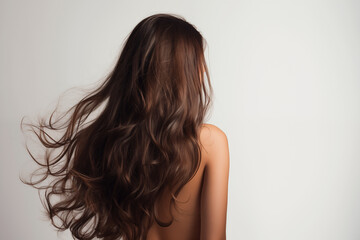 Back view of a beautiful woman with long wavy brunette hair on the grey background
