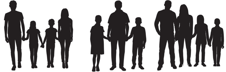 Isolated minimal black family silhouettes. Collection of family silhouettes on isolated background. Modern small family. Vector illustration - obrazy, fototapety, plakaty