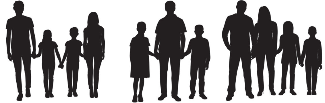 Isolated minimal black family silhouettes. Collection of family silhouettes on isolated background. Modern small family. Vector illustration