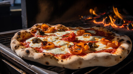 artisanal pizza fresh from the wood-fired oven with succulent roasted tomatoes