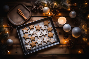 freshly baked gingerbread cookies on a festive Christmas setting with warm lighting
